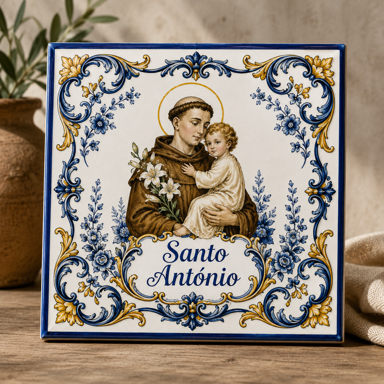Azulejo Santo António Floral Azul e Dourado | Quadro Religioso em Cerâmica