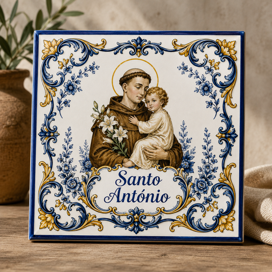 Azulejo Santo António Floral Azul e Dourado | Quadro Religioso em Cerâmica