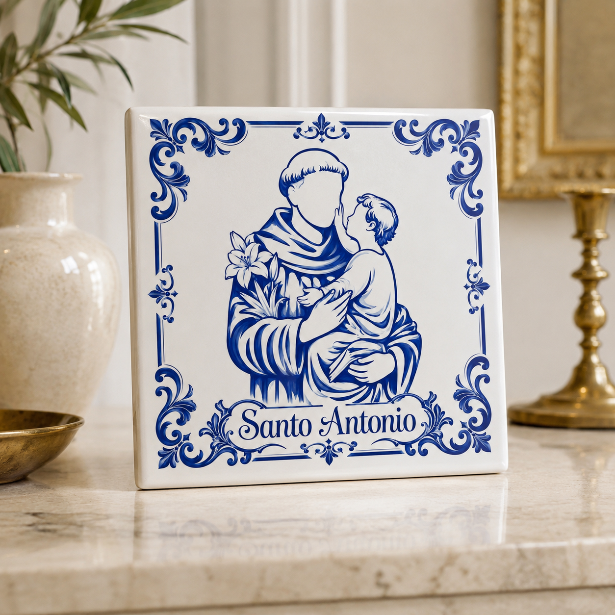 Azulejo Santo António Azul e Branco | Quadro Religioso em Cerâmica