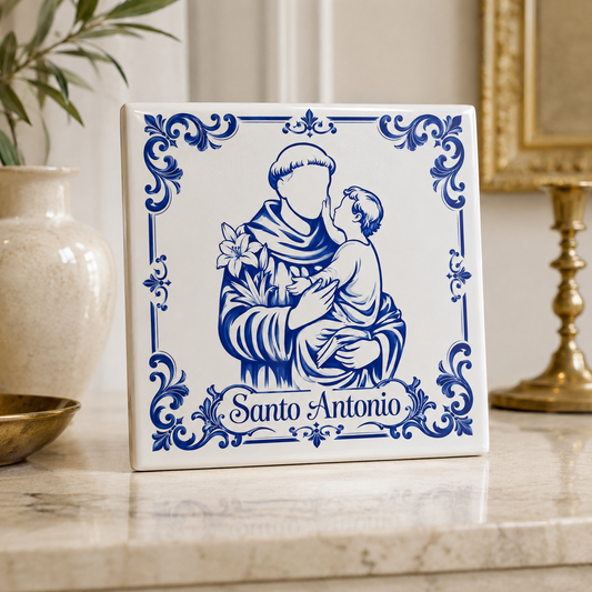 Azulejo Santo António Azul e Branco | Quadro Religioso em Cerâmica