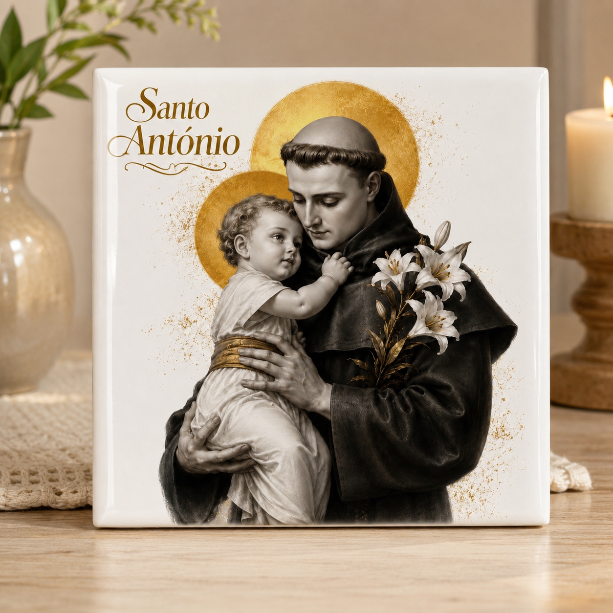 Azulejo Santo António Dourado | Quadro Religioso em Cerâmica