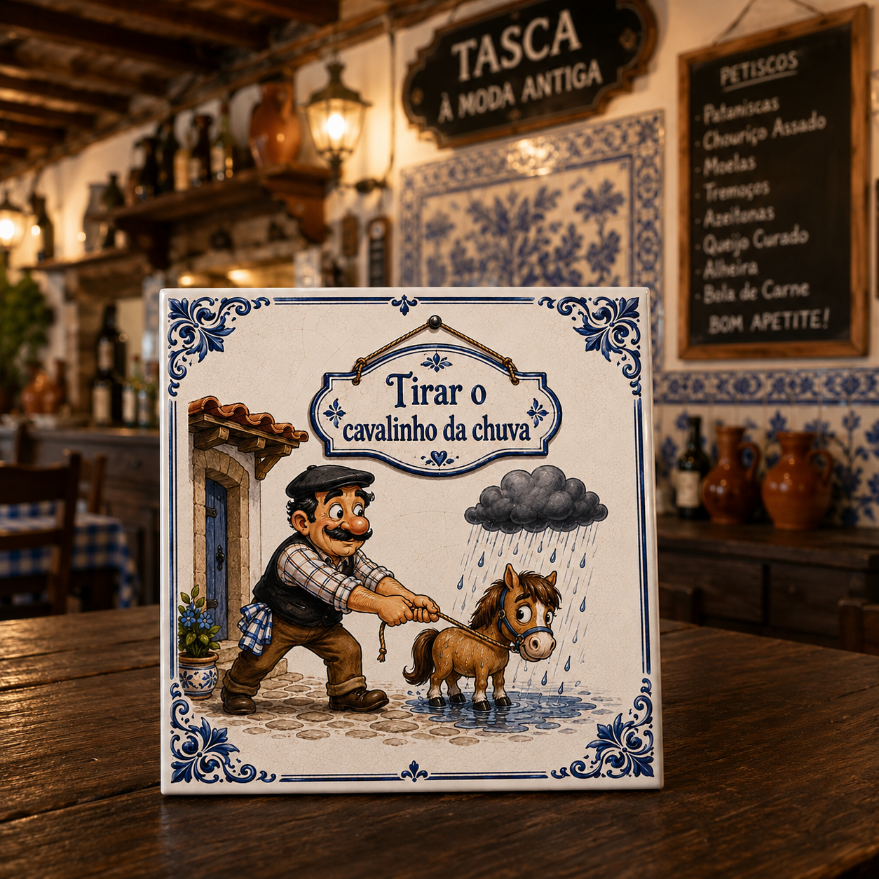 Azulejo Tirar o Cavalinho da Chuva | Azulejos à Tuga