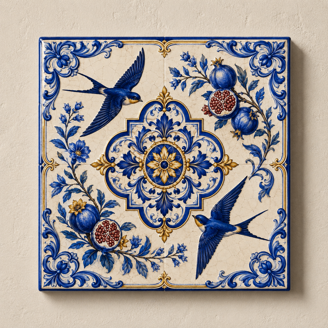 Azulejo Decorativo Andorinhas e Romãs | Arte Tradicional Portuguesa