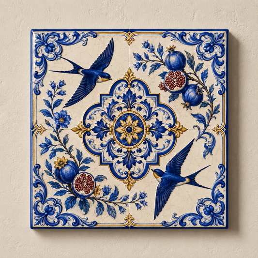 Azulejo Decorativo Andorinhas e Romãs | Arte Tradicional Portuguesa