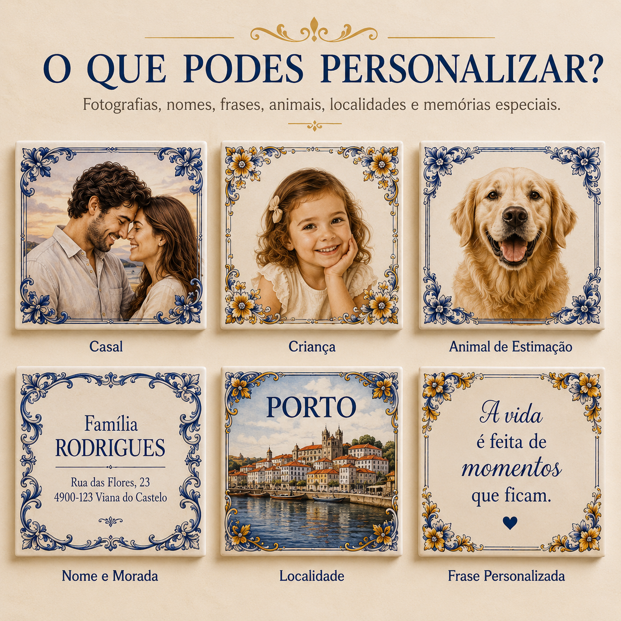 Exemplos de personalização para azulejo com fotografia, nome, frase e localidade