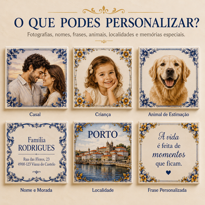 Exemplos de personalização para azulejo com fotografia, nome, frase e localidade