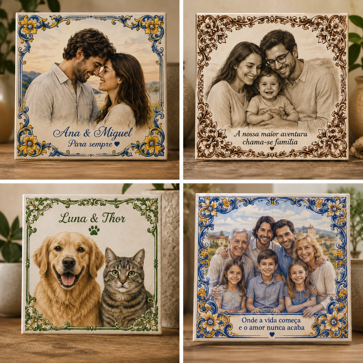 Azulejo personalizado com fotografia de casal, família e animal de estimação