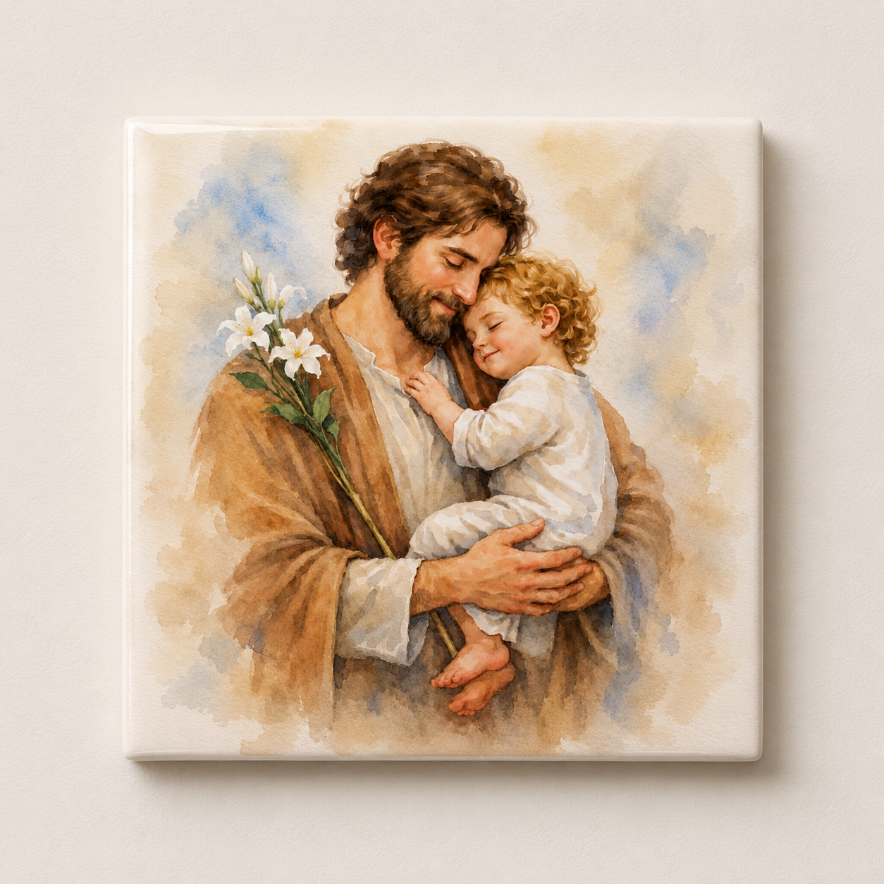 Azulejo São José com o Menino | Aguarela Religiosa