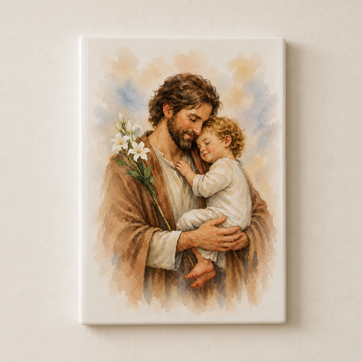 Azulejo São José com o Menino | Aguarela Religiosa