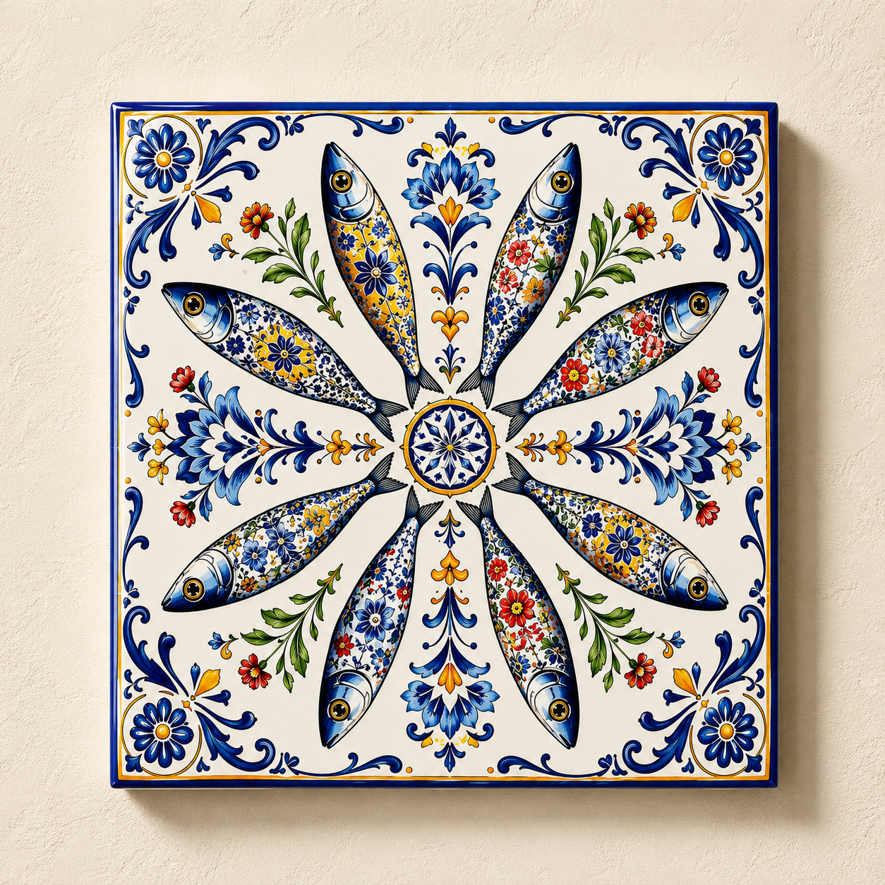 Azulejo Decorativo Sardinhas Florais | Arte Portuguesa