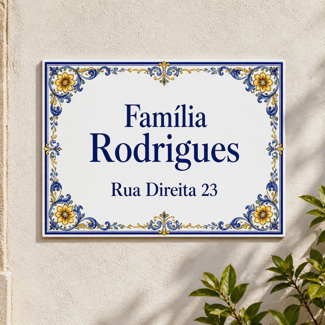 Placa decorativa personalizada com nome de família e morada em azulejo 20x15