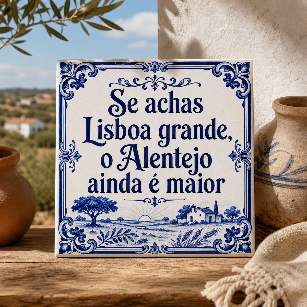 Azulejo decorativo português com frase Se achas Lisboa grande o Alentejo ainda é maior.